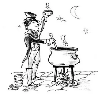 An illustration of the traveler stirring his pot of Stone Soup